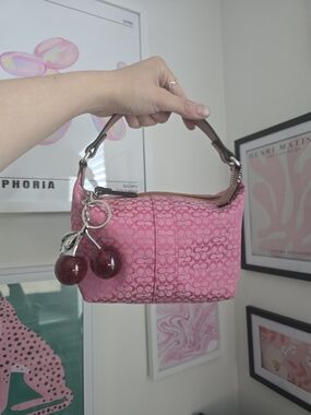 Rare Coach Y2k Pink Pochette Baguette Purse W/Cherry Charm